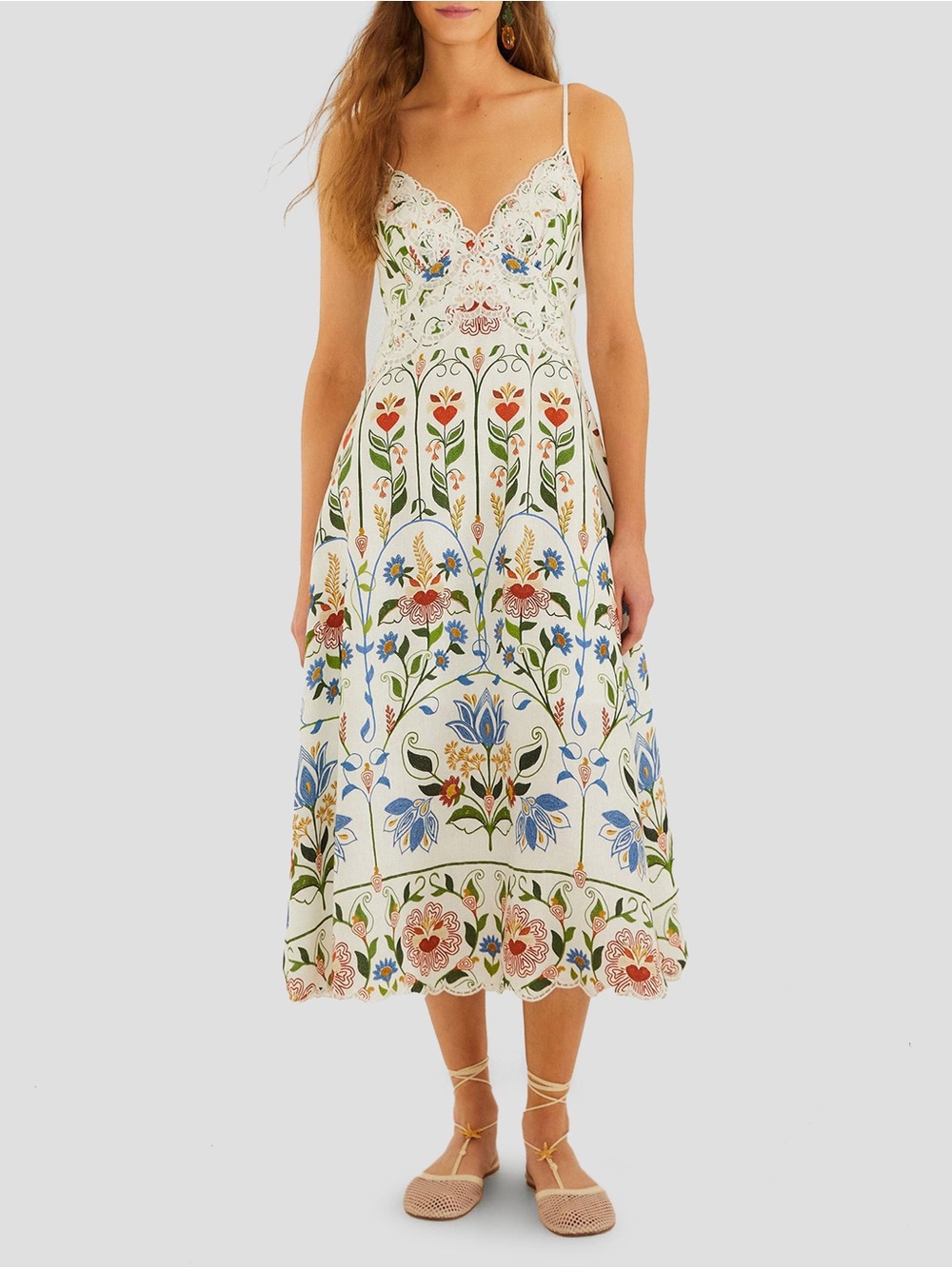FARM Rio Cream Midi Dress with Multicolor Floral Embroidery